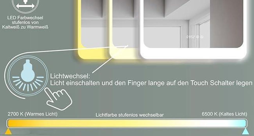 HOKO LED Wandspiegel 50x70 cm – Moderne Badspiegel mit Beleuchtung & Digitaluhr