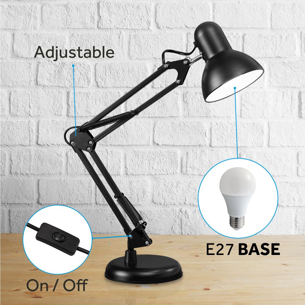 MasterLED Schreibtischlampe E27, Schwarz, mit Tischklemme und Standfuß, verstellbar, Metall, ohne Leuchtmittel