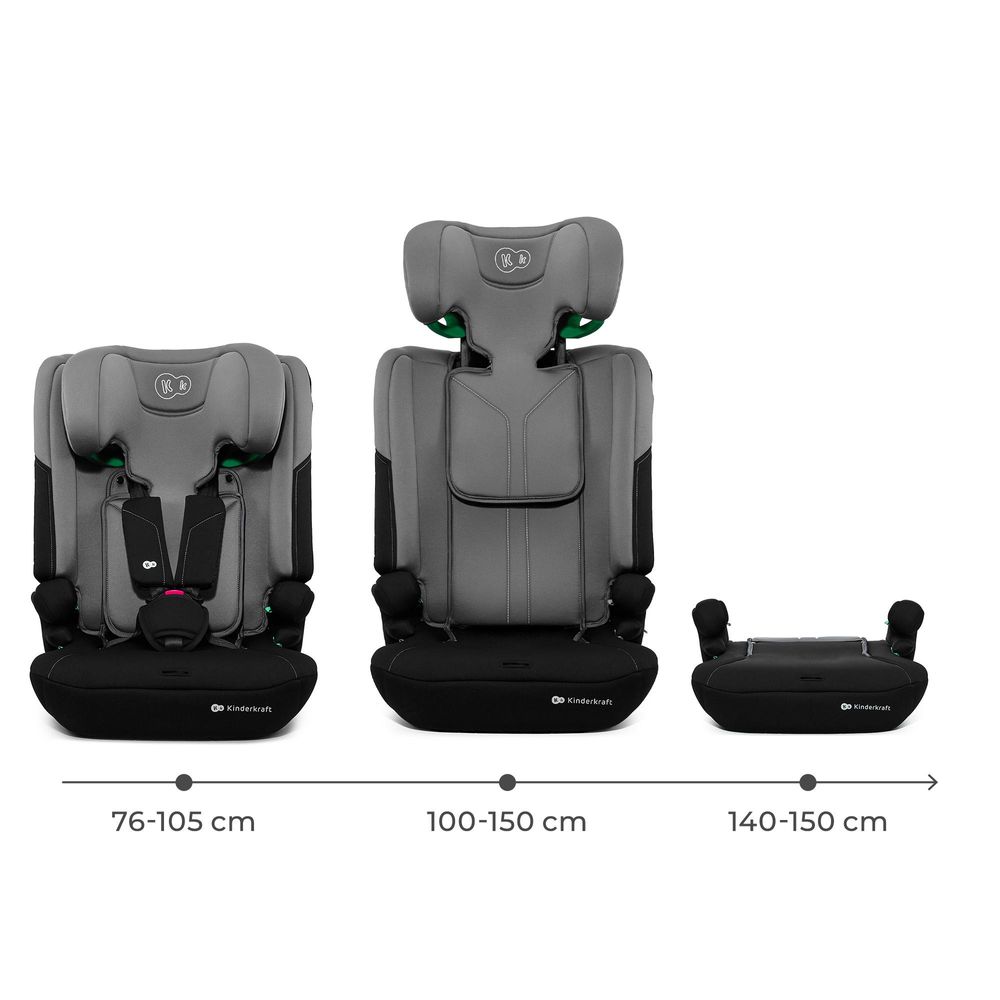Kinderkraft I-COMFY Autokindersitz 3-in-1 i-Size 76–150 cm, 15 Monate bis 12 Jahre, R129, EASY GROW, H-GUARD, SPS, 10 Neigungspositionen, Grau