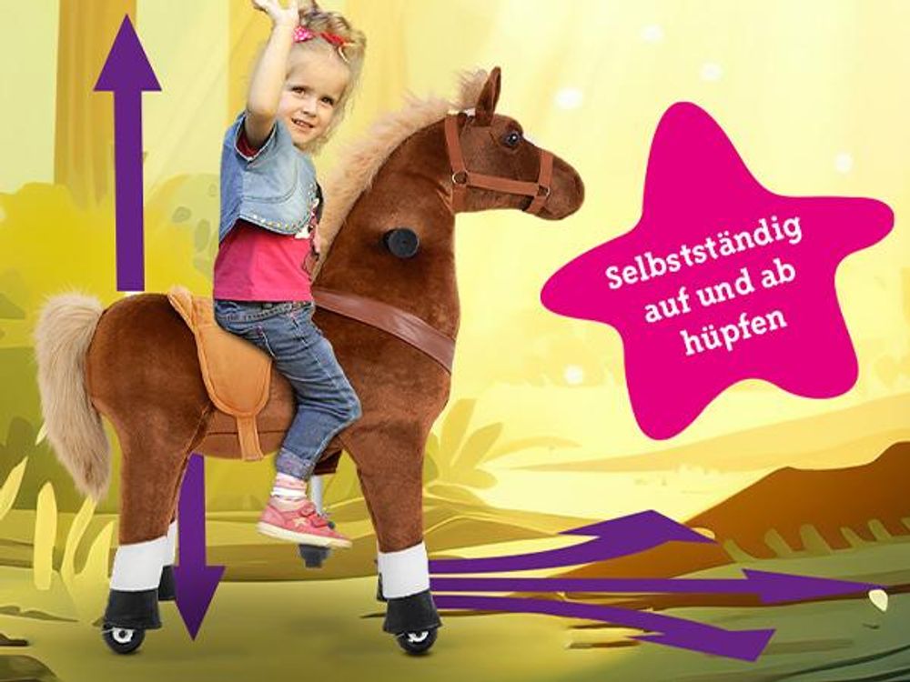 Miweba Pony Amadeus | Spiel Pferd für Kinder  - Schaukelpferd - Stehpferd zum draufsitzen - Reitpferd - Indoor & Outdoor - Rücklaufbremse - 4-8 Jahre