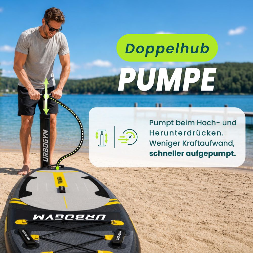 WAKIMA 350 SUP-Board beim Aufpumpen mit der mitgelieferten Doppelhubpumpe.