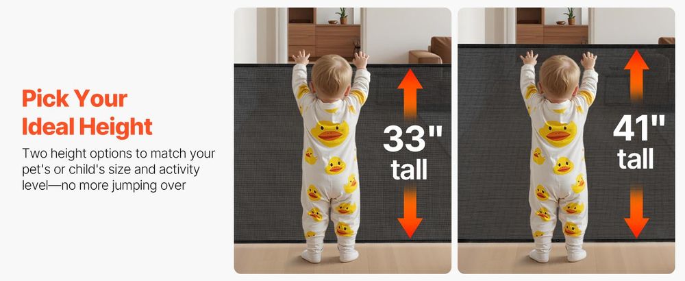 VEVOR Ausziehbares Babygitter, 870 mm hoch, bis zu 1800 mm breit ausziehbar, ausziehbares Gitter für Kinder oder Haustiere, Netzmaterial, einfach zu installieren für Innen Treppen, Türöffnungen, Flure, Spielzimmer, Schwarz, Schwarz-g, 1500x870 mm-a