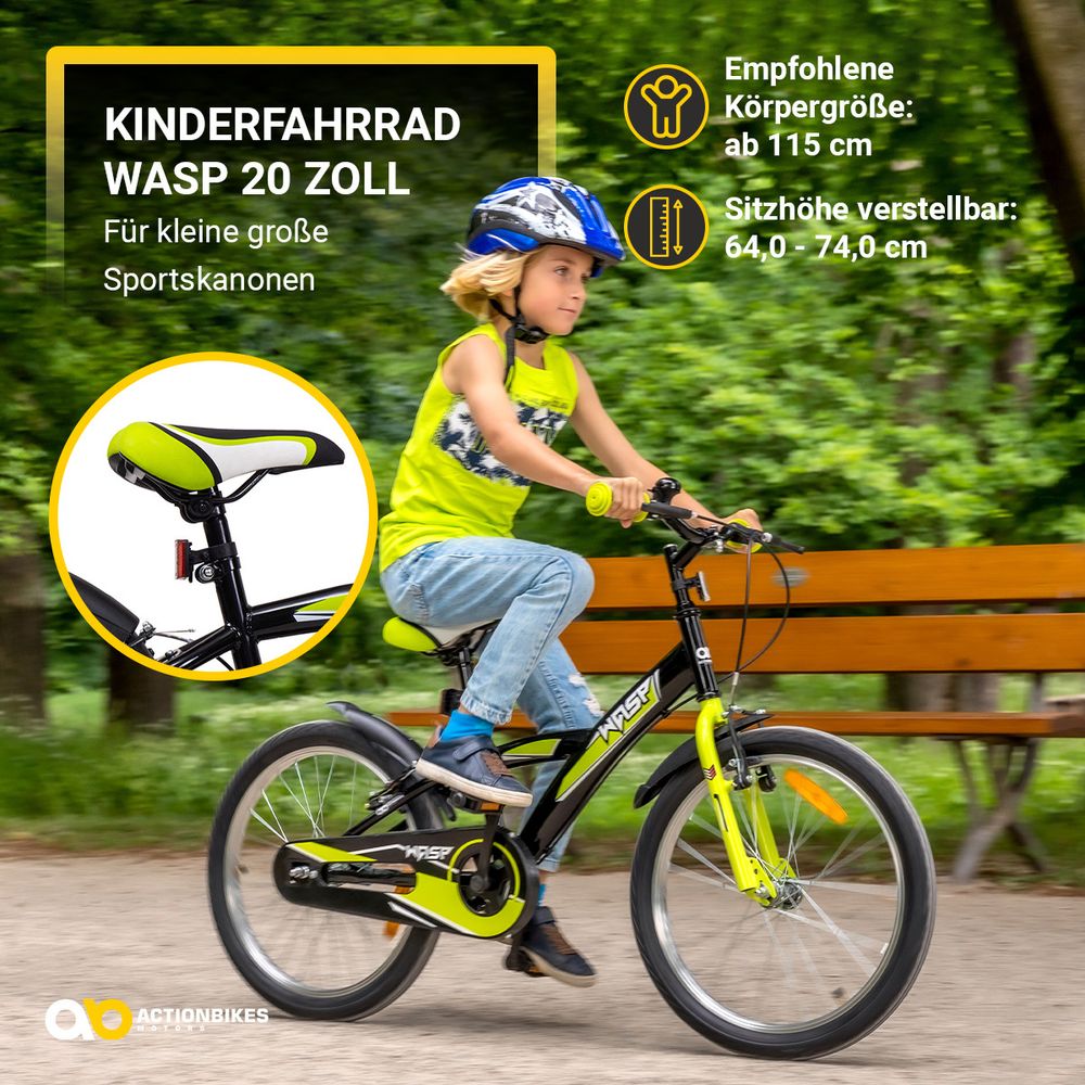 Actionbikes Kinderfahrrad Wasp 20 Zoll | Kinder Fahrrad - V-Brake Bremsen - Kettenschutz - Fahrradständer - 6-9 Jahre (Schwarz/Grün)