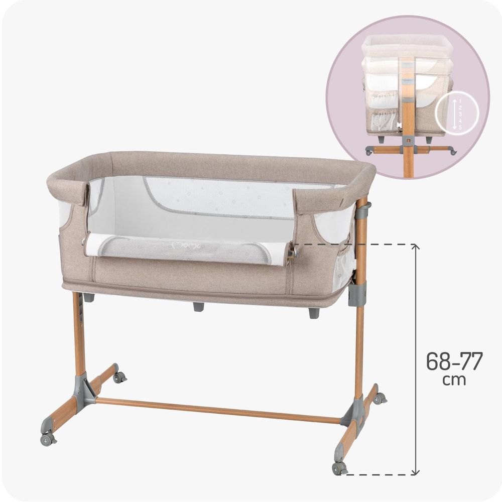 MoMi SMART BED – 4-in-1 Beistellbett & Reisebett, höhenverstellbar mit Neigefunktion, inkl. Matratze & Moskitonetz – Beige