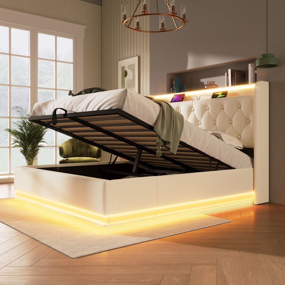 Flieks Polsterbett 160x200cm mit Ladefunktion (USB&Typ-c), Jugendbett Doppelbett Stauraumbett mit LED, Hydraulisches Boxspringbett, PU, Weiß