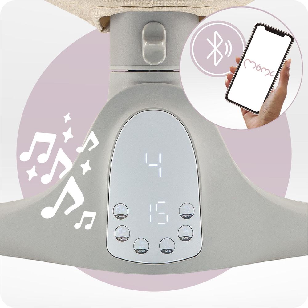 MoMi KENANI SAND – Elektrische Babywippe mit Bluetooth, Fernbedienung, LED-Display & 5 Stufen, inkl. Spielzeug – Beige