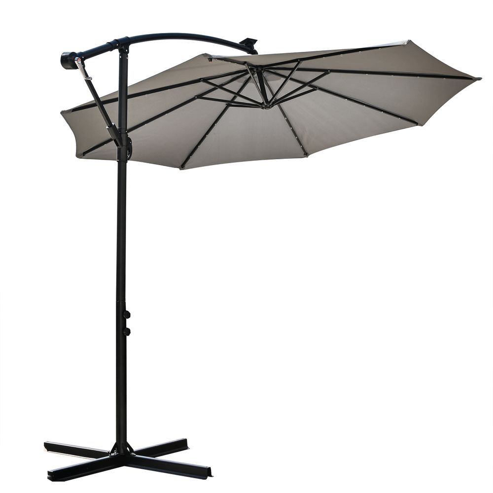 Parasol ogrodowy LEHMANN FLASH z lampkami solarnymi, składany 350 cm średnicy, kolor szary, mozliwość regulacji konta nachylenia, z pokrowcem