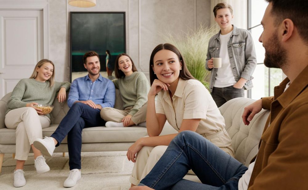Freunde entspannen auf beiger Sofagarnitur im hellen Wohnzimmer.