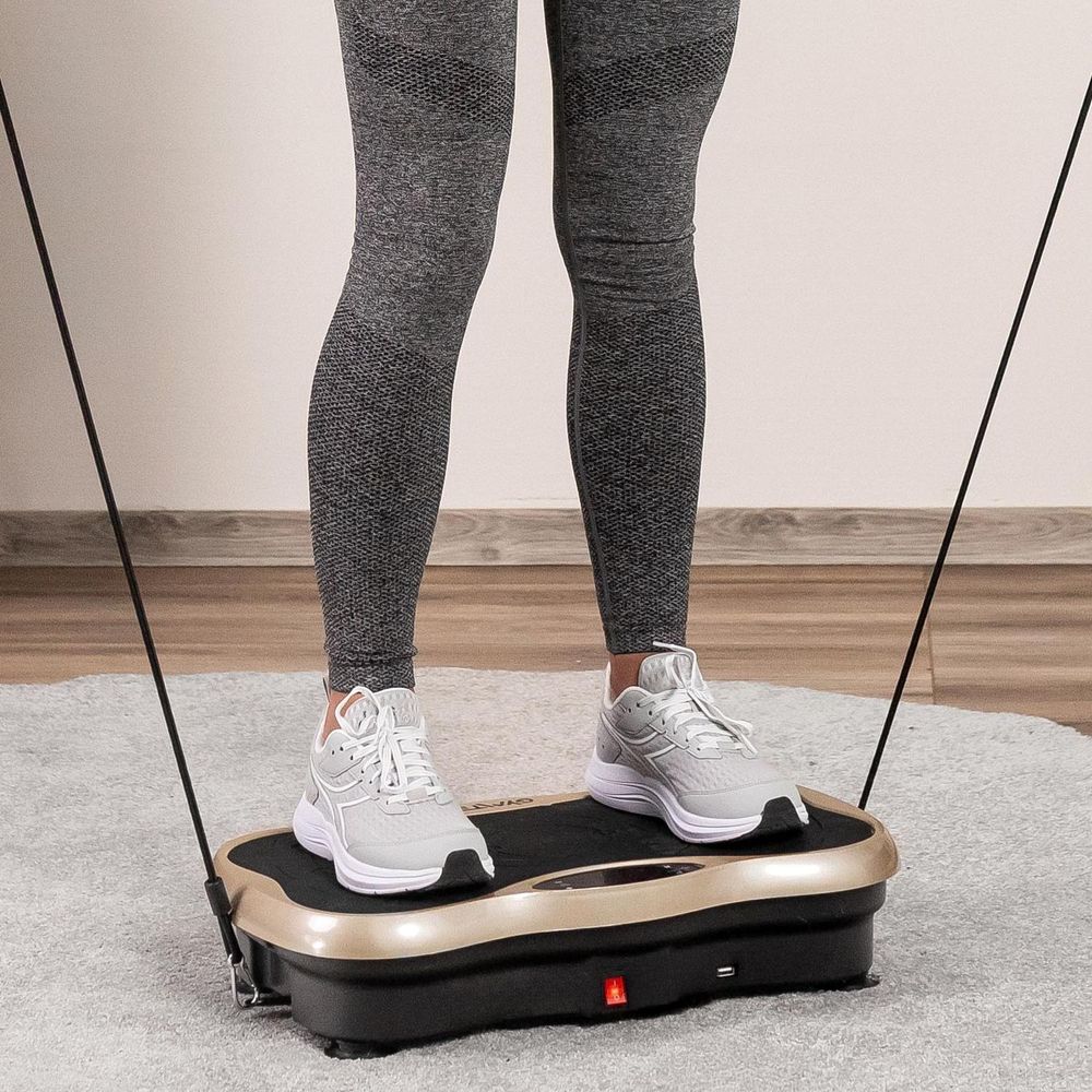 Gymtek® Vibrationsplatte Vibrotrainer - bis 180kg - 5 Ausbildungsprogramme, 99 Stufen - 2 Expanderbänder - Bluetooth, Fernbedienung, LCD, Lautsprecher