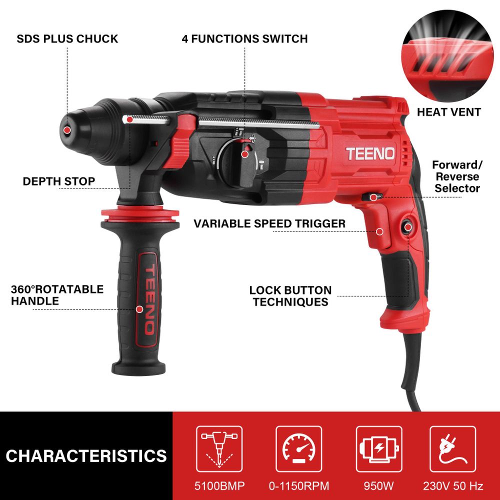 TEENO Bohrhammer 950 W kabelgebundener SDS-Plus mit 17 Zubehörteilen, 0–1150 U/min/5100 BPM Schlagbohrmaschine mit 4 Funktionen und Sicherheitskupplun