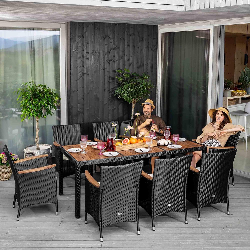 di volio Gartenmöbel-Set VERONA - Essgruppe Garnitur aus Polyrattan, robuste Sitzgruppe mit Akazienholztisch + 8 Stühle, Terrassenmöbel Lounge Set