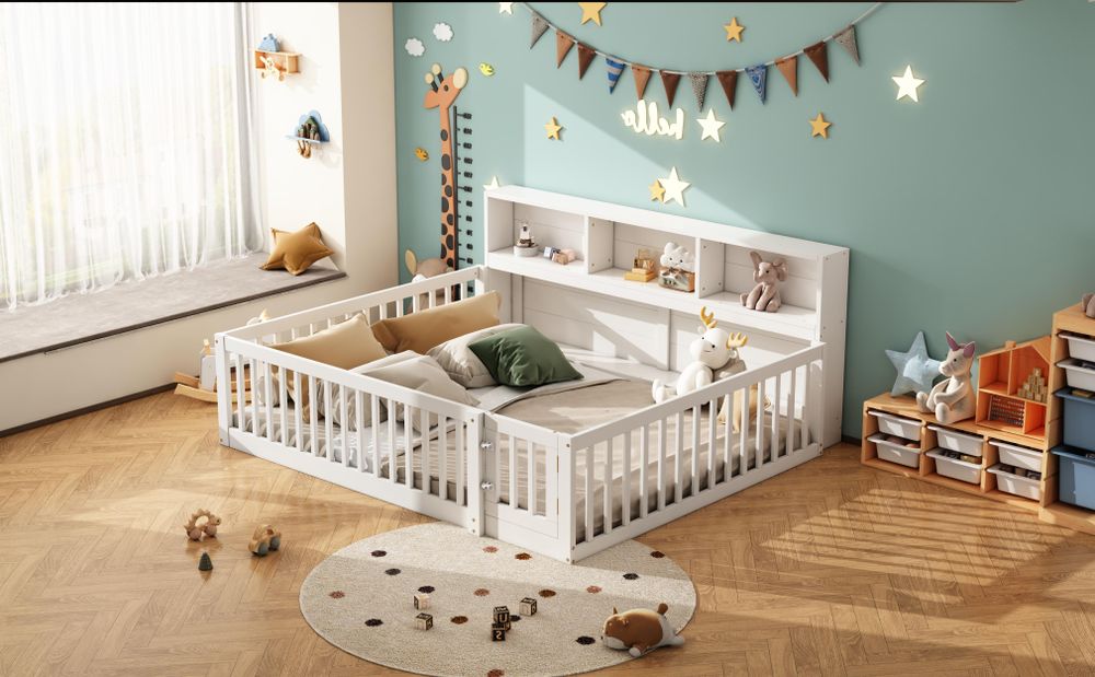 Merax Kinderbetten 140x200 cm, Tagesbett aus Kiefernholz, Schlafsofa mit Ablagefach, Lattenrost, Brüstung, Bodenbett, Jugendbett, Daybett, Weiß