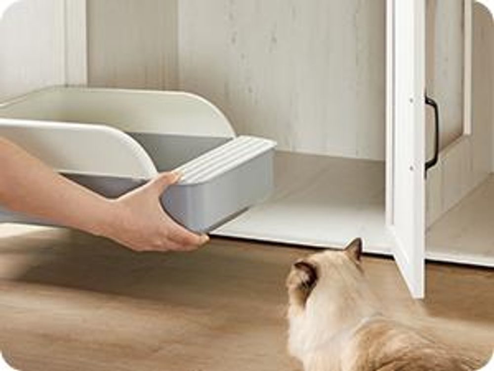 Feandrea Katzentoilette, Katzenklo-Schrank modern, Vordereingang, mit Doppeltür und Griffen Honigbraun-Vintageweiß