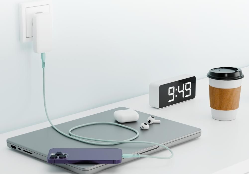 QUALO Nylon USB-C auf Lightning Kabel – 1,5 m, 2,4 A, Mintgrün QKN-CL-21 Schnellladekabel 12W