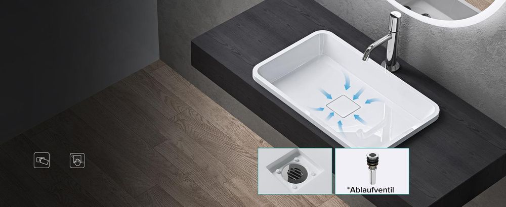doporro Waschbecken Einbauwaschbecken 60x38x12cm weiß aus Gussmarmor rechteckig mit Ablaufabdeckung ohne Armatur Colossum104