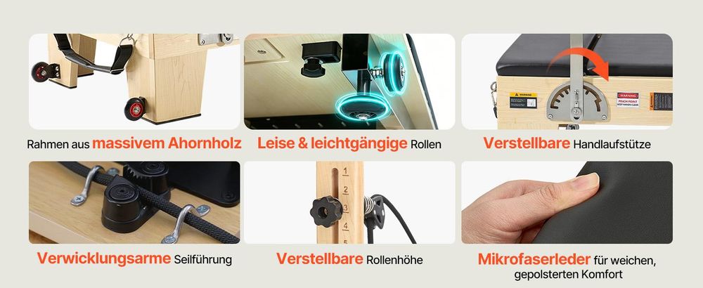 VEVOR Faltbarer Pilates Reformer, Pilates Trainingsgerät für den Einsatz im Home Gym Studio, Pilates Bett mit doppeltem Widerstand - Feder & Schnur, Reformer Set für Fortgeschrittene und Anfänger, bis zu 400 LBS, Nicht faltbar, Ahornholzrahmen-a