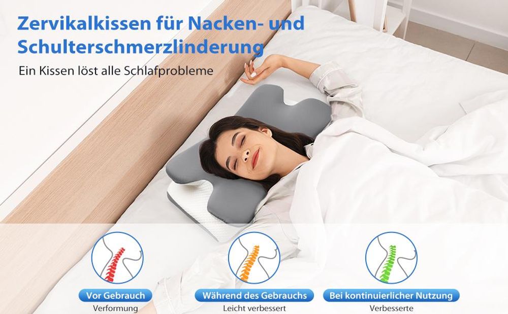 CMYbabee Nackenkissen, Orthopädisches Kopfkissen aus Memory Foam, Ergonomisches Kopfkissen gegen Nackenschmerzen mit Eisseiden Bezug, Grau