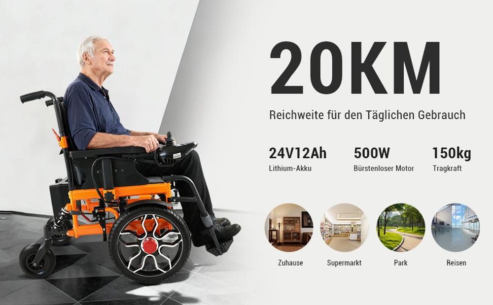 Elektrorollstuhl faltbar für Erwachsene und Senioren, 500W, 20 km Reichweite, 24V 12Ah Lithium-Akku, Joystick, bis 150 kg, mobiler E-Rollstuhl Orange