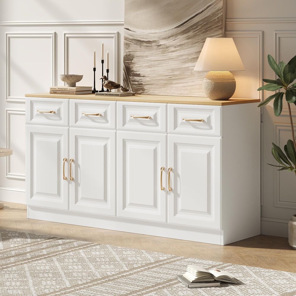 Merax Sideboard Buffet 140 cm mit 4 Schubladen und 4 Türen, Kommode aus Holz in Landhausstil, Stauraum für Küche, Wohnzimmer, Esszimmer, Weiß Eiche