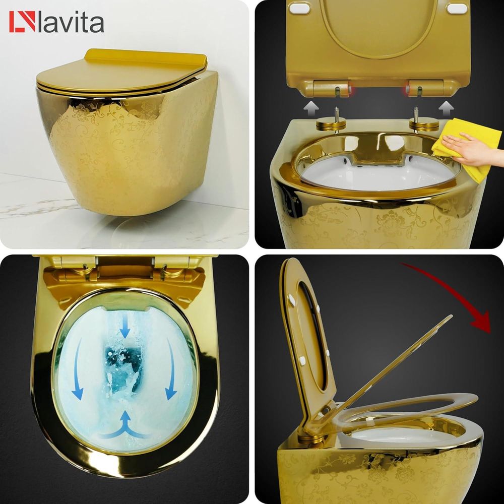 Lavita LAV 101 Vorwandelement für WC 40cm + Wand Hänge Tiefspül WC SOFI SLIM CHECKED GOLD Spülrandlos + Bedienplatte LAV 200.3.1 Weiß | Komplettset | Unterputz Spülkasten | Toilette Komplett Sett