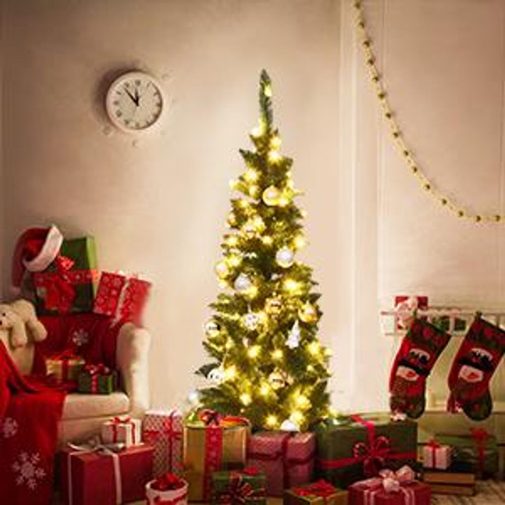 COSTWAY 200cm Bleistift Weihnachtsbaum mit warmweißen LED-Leuchten, künstlicher Tannenbaum mit Klappsystem und Metallständer, Christbaum PVC Nadeln, Kunstbaum Weihnachten Grün