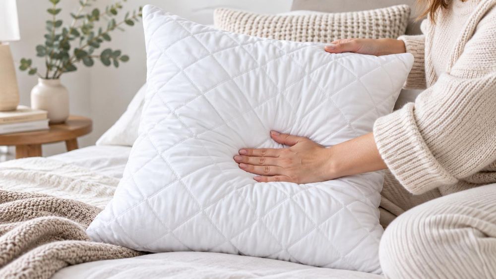 Hand drückt in ein weißes Kopfkissen mit Rautensteppung