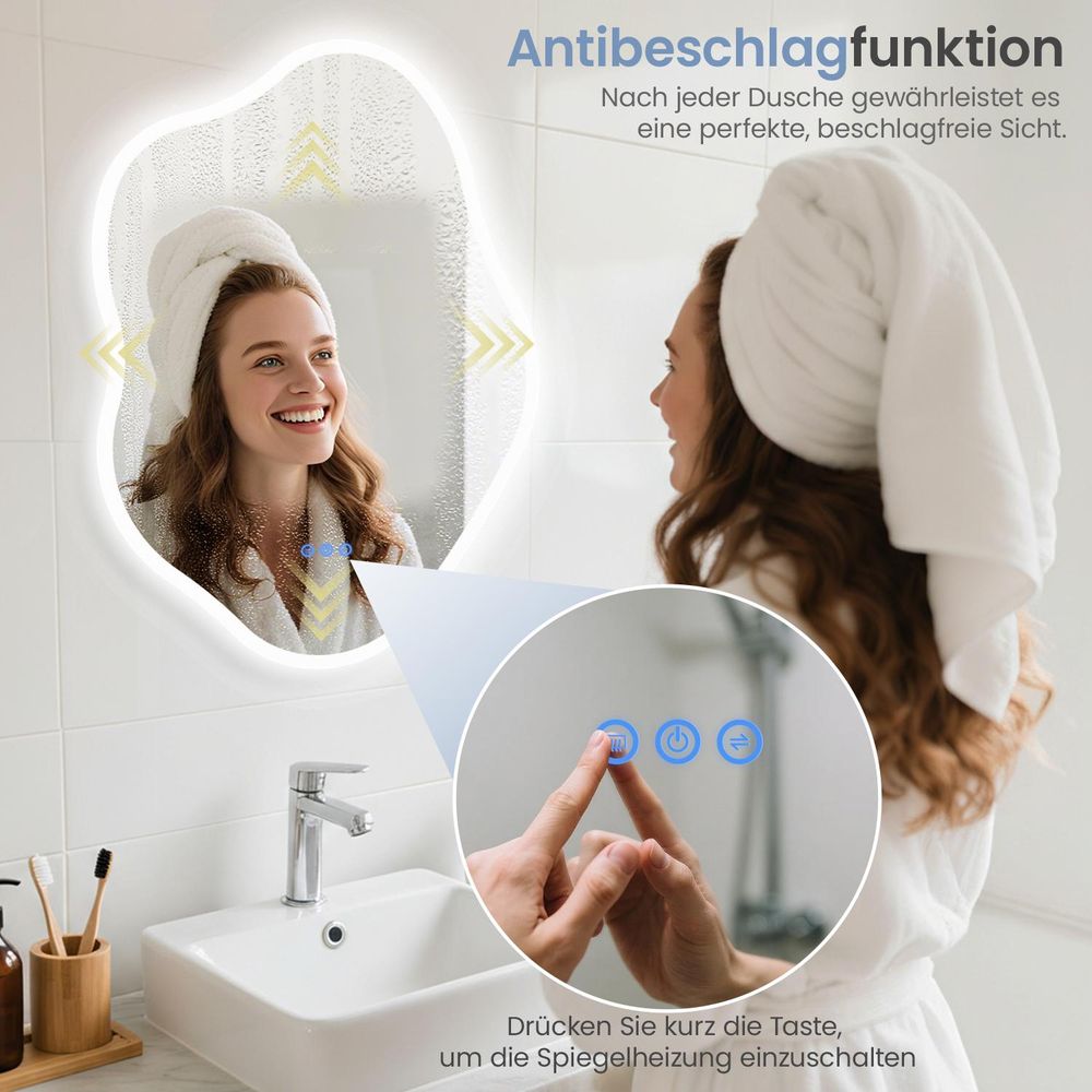 Asymmetrischer LED Badspiegel mit Beleuchtung und Anti-Beschlag 90x60 cm – Unregelmäßiger Deko-Wandspiegel mit Touch-Schalter 3 dimmbaren Lichtfarben
