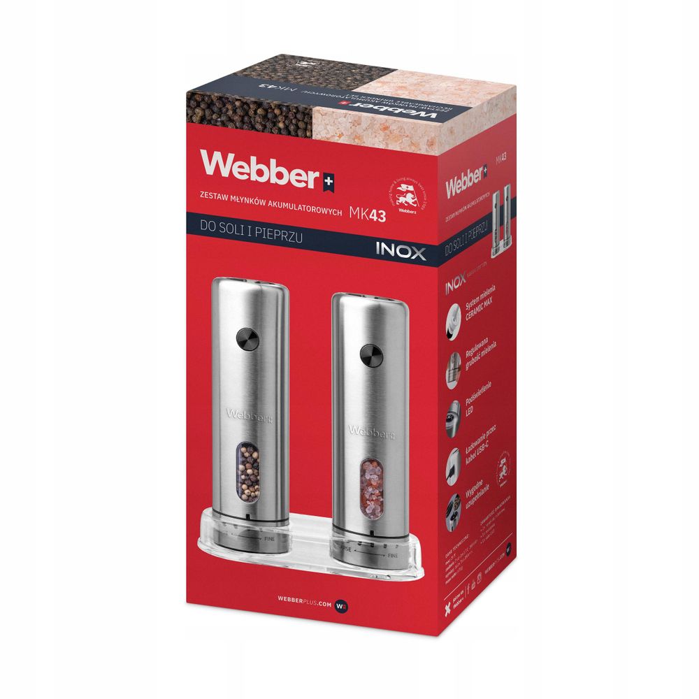 Nabíjecí mlýnky Webber INOX MK43 s USB-C a podstavcem