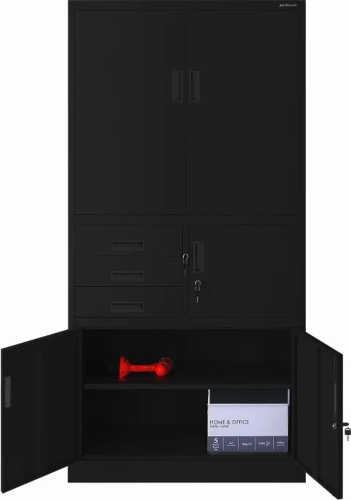 Büroschrank Aktenschrank Tresor Schubladen Geheimfach Stahlblech 185 cm x 90 cm x 40 cm (H x B x T) Farbe: Schwarz