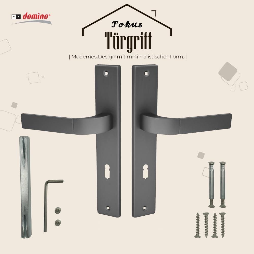DOMINO Türgriff 72 Drückergarnitur BB-Buntbart Set | Langschildgarnitur | Türklinke für Zimmertür, Bürotür, Kellertür & Innentür | L-Form | Türbeschläge aus Aluminiuml | Titan Türdrückergarnitur |  FOKUS M8