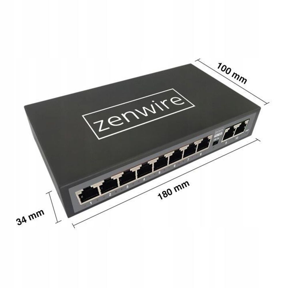 Switch, distributore di porte, 10 porte, ZENWIRE, per telecamere IP, 8 POE 2 LAN Ethernet RJ-45