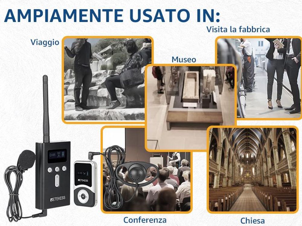 Sistema per guide turistiche Retekess T130S, 49 canali, 100 m, cuffie D, con valigetta di ricarica a 64 slot per turismo, formazione (60 ricevitori), walkie-talkie