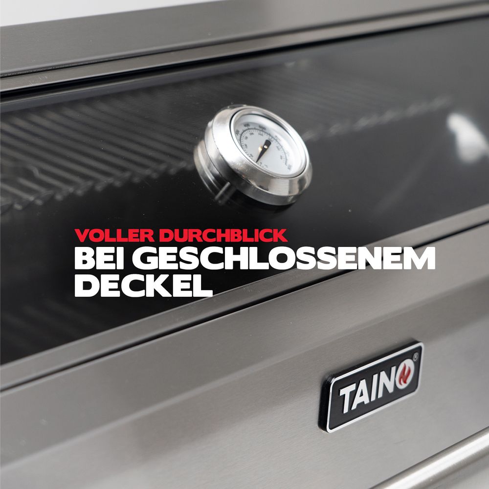 Gasgrill mit geschlossenem Deckel, in den eine Glasscheibe inkl. Thermometer eingelassen ist