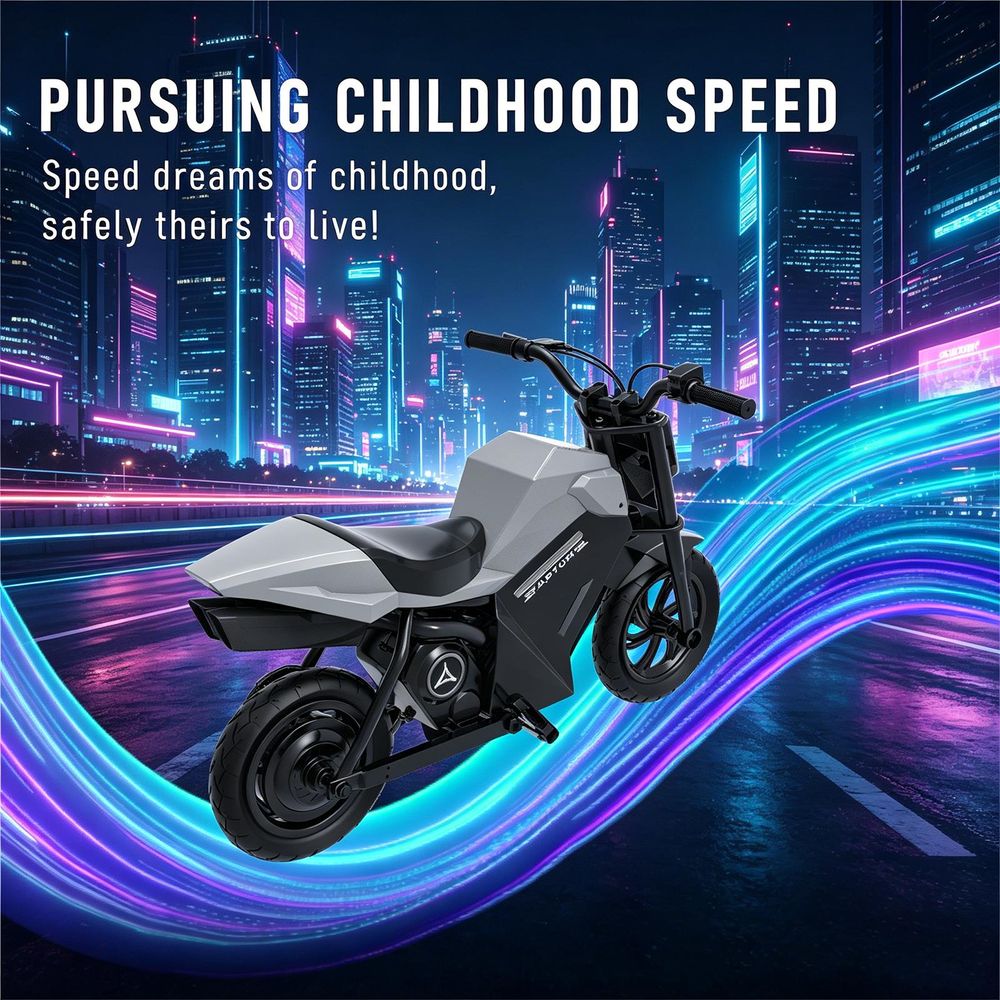 Elektro Motorrad Kinder 12,5 Zoll, 250W Elektromotorrad mit 21,6V 4Ah Lithium-Akku, bis 16 km/h, Luftreifen, Ambientebeleuchtung, Ab 8 Jahren, Grau