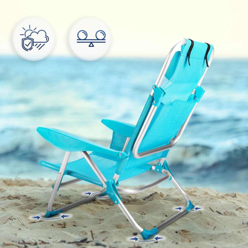 Strandliegestuhl mit Icons für Stabilität und Witterungsbeständigkeit