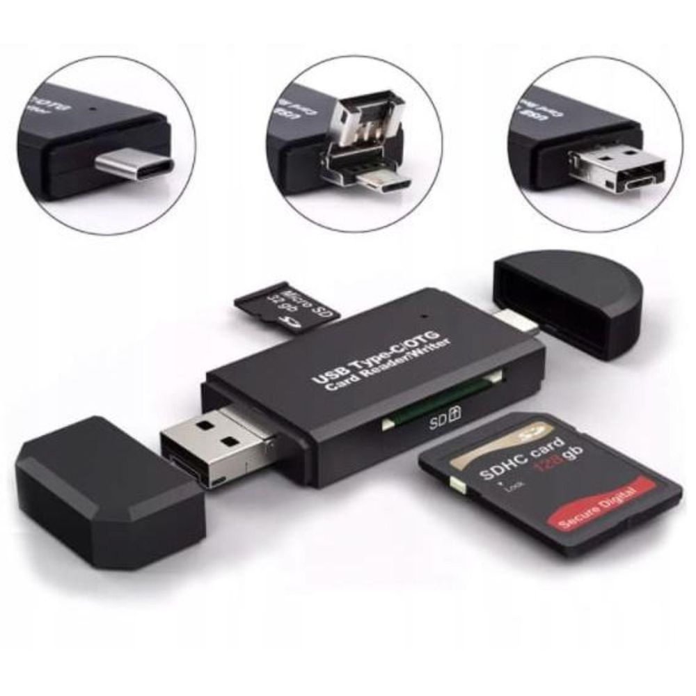 Czytnik kart SD - 5 w 1 - USB 3.0 - USB-C - Micro USB - OTG - SD i microSD TF - Plug and Play - Czarny