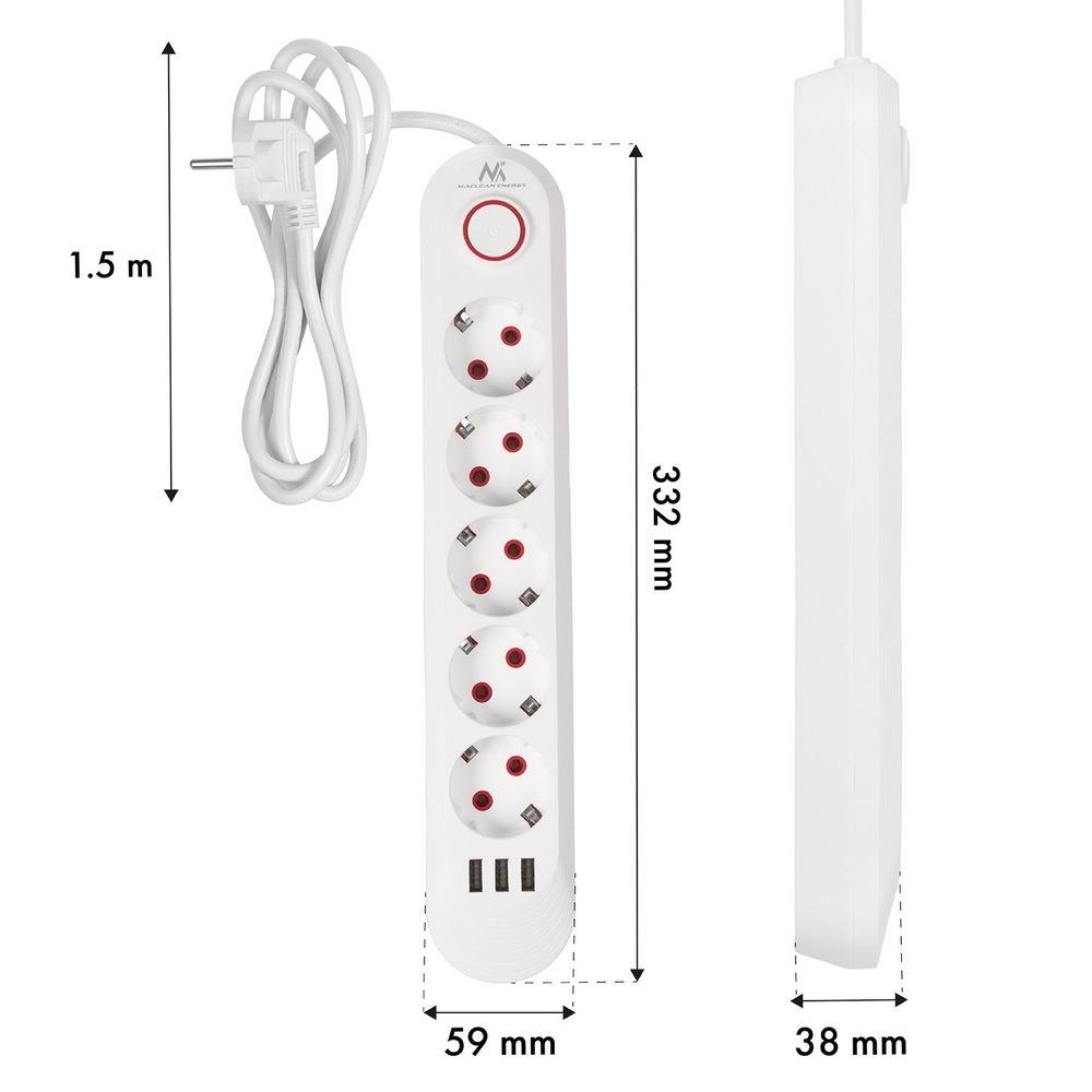 Maclean Steckdosenleiste 5 Steckdosen-Verlängerungskabel + 3xUSB 110-240V AC 50/60Hz 2,1A max 2500W 1,5m weiß MCE395 W