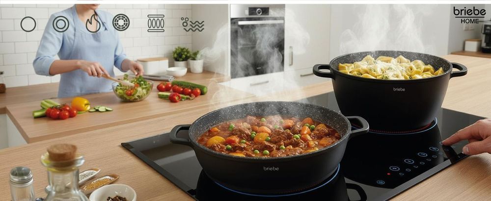 Briebe Black Titanium Servierpfanne für InduktionTitan, Topf 32cm Gussaluminium -Freie Glasdeckel Schwarz
