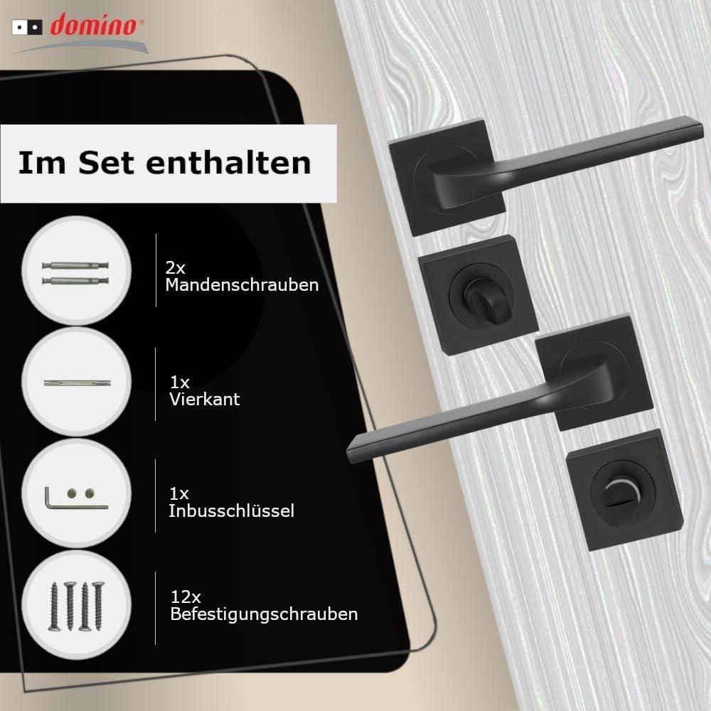 DOMINO Türgriff Drückergarnitur WC - Badezimmer Set | Vierkant-Rosette | Türbeschlag für Badezimmertüren | Set WC - Rosetten-Garnitur | Türklinke aus Aluminium | Bronze Türdrückergarnitur | TIPO-QR BLACK