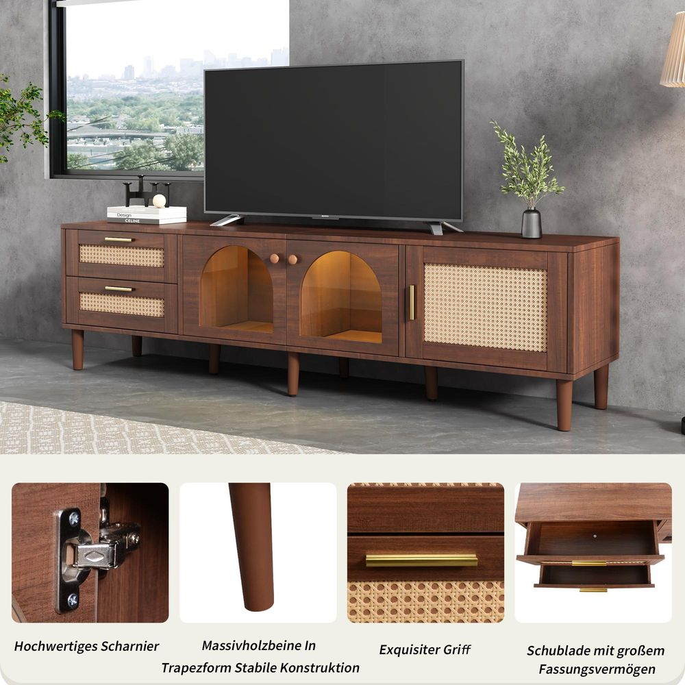 STILVORA Lowboard mit Glastüren&LED-Beleuchtung,TV-Schrank Fernsehschrank mit Rattanschubladen,TV-Lowboard für Fernseher bis 80 Zoll,Walnuss