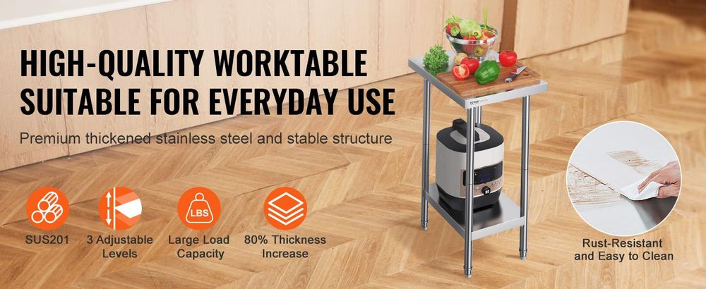 VEVOR Edelstahl Vorbereitungs Tisch, 24 x 24 x 34 Zoll, Schwerlast Metall Arbeitstisch mit 3 verstellbaren Höhenstufen, Gewerbliche Arbeitsstation für Küche Garage Restaurant Garten, 610x457x864 mm