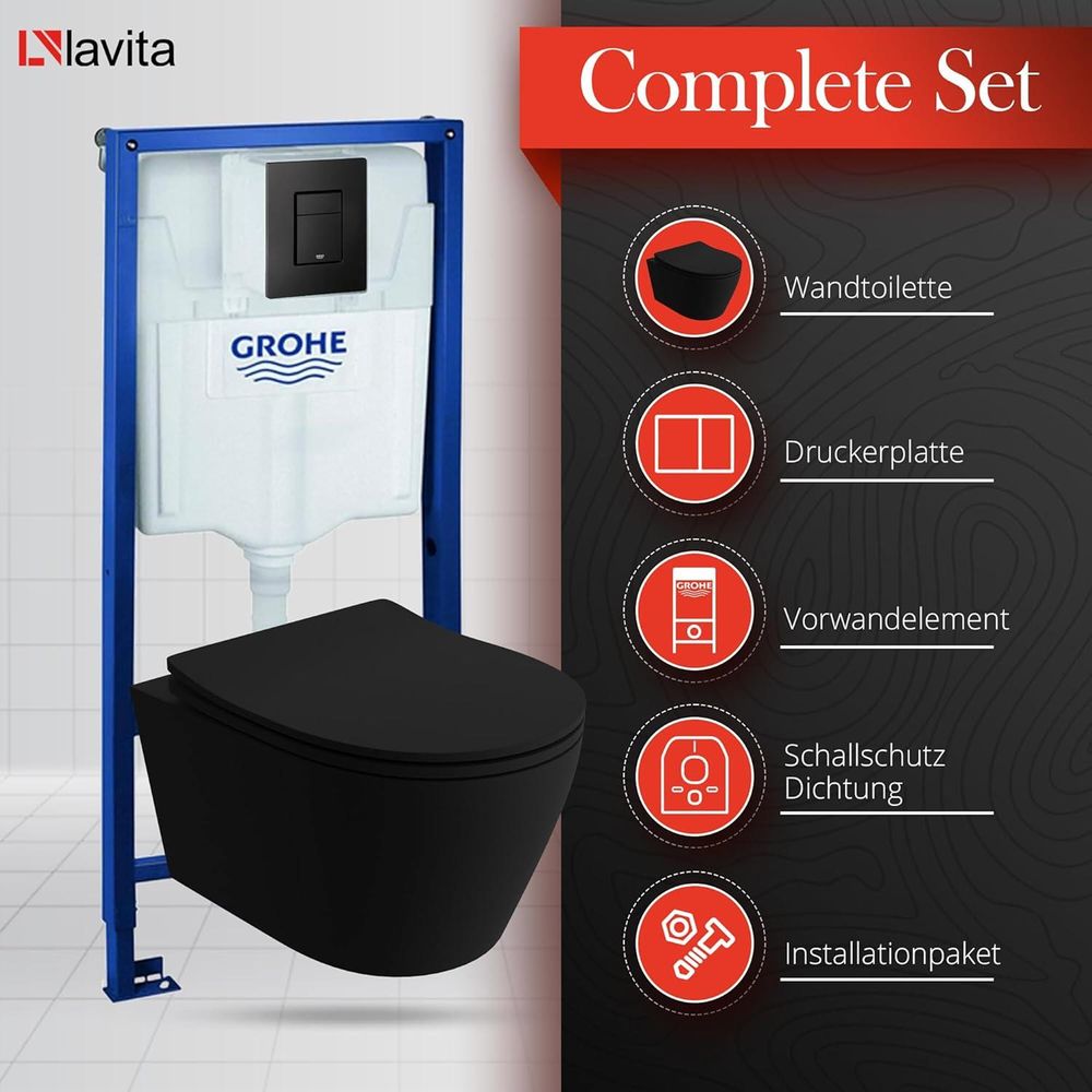 GROHE Vorwandelement Solido + Wand Hänge WC Praia Schwarz Spülrandlos + WC-Sitz SoftClose | Schwarzer Knopf | Komplettset | Unterputz Spülkasten | Toilette Komplett Sett