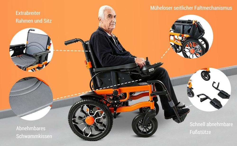 Elektrorollstuhl faltbar mit Joystick, Rollstuhl für Erwachsene, 24V Akku, Sicherheitsgurt, Armlehnen, Fußstützen, bis 150 kg, Pflege
