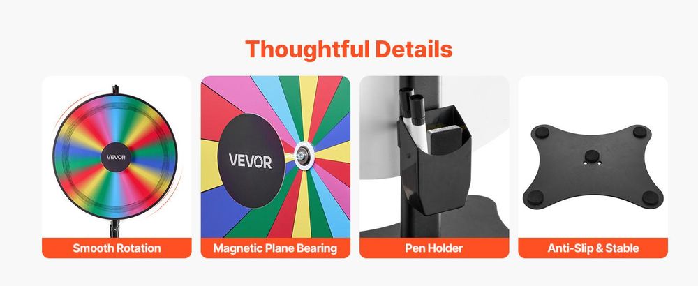 VEVOR 610 mm Drehpreisrad, 14 Slots Drehrad mit Ständer, höhenverstellbares Gewinnroulette mit einem abwischbaren Stift und 2 Markern, 6 Farben, einfache Montage, für Party, Pub, Messe, Karneval, 18, 914 mm