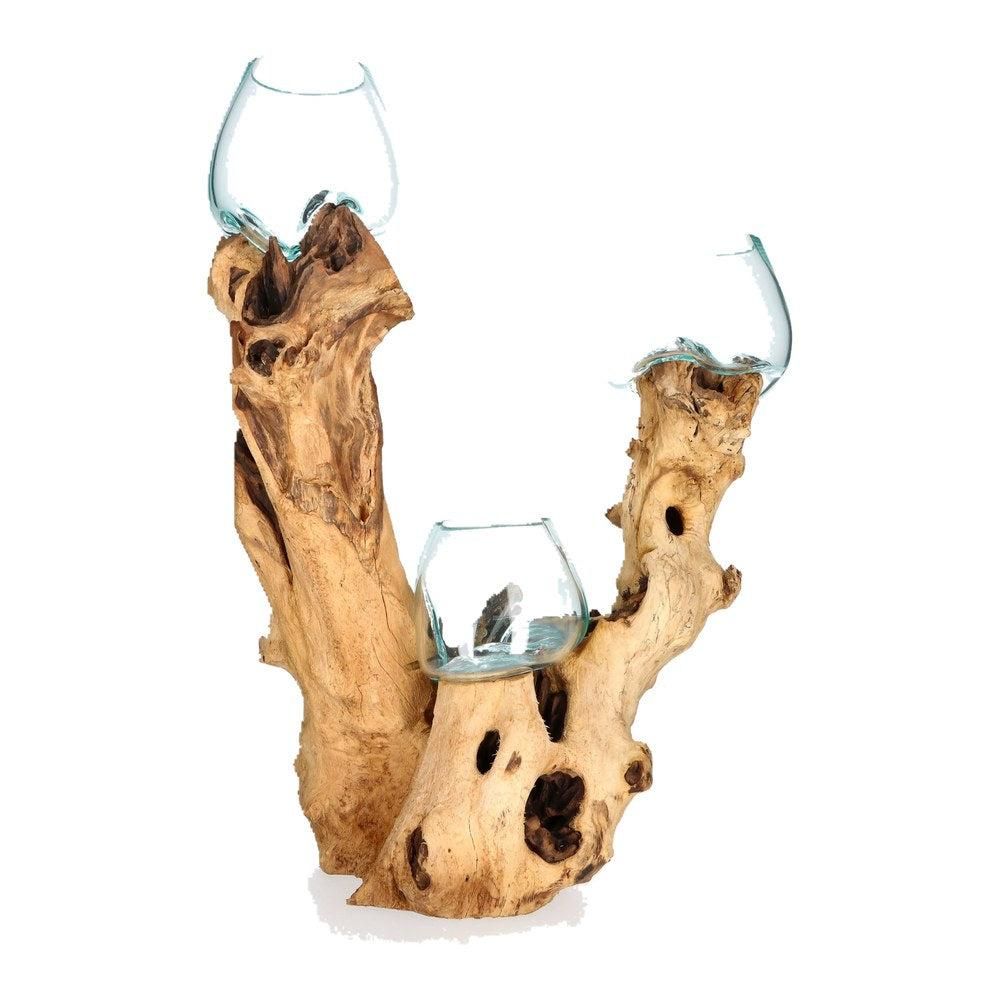 Wurzelholz-Skulptur mit 3 Glasgefäßen, ca. 55 cm: V-Form