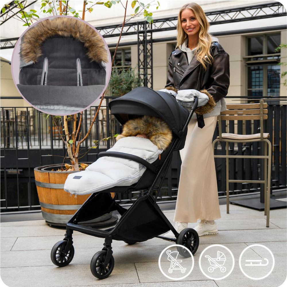 MoMi COZY – Universal-Fußsack für Kinderwagen, Fleece-Innenfutter, beidseitiger Reißverschluss & Kapuze mit Ohren – Grau