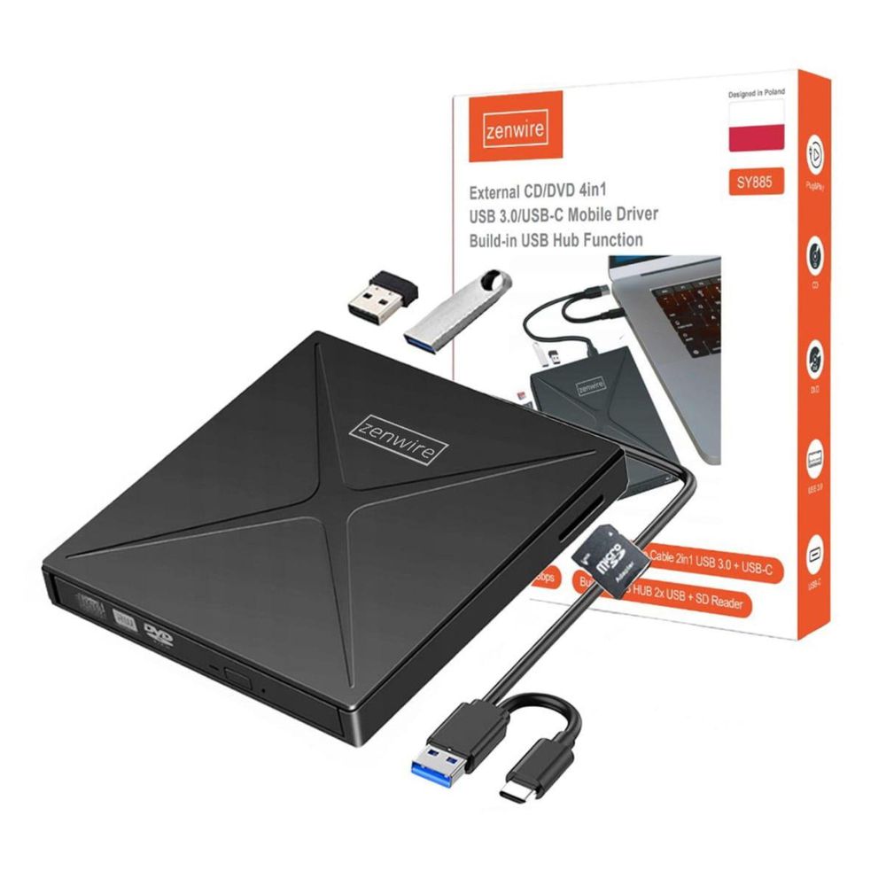 Tragbares Laufwerk - Externes DVD CD RW - USB-C Hub - USB 3.0 - 4-in-1 - SD Leser