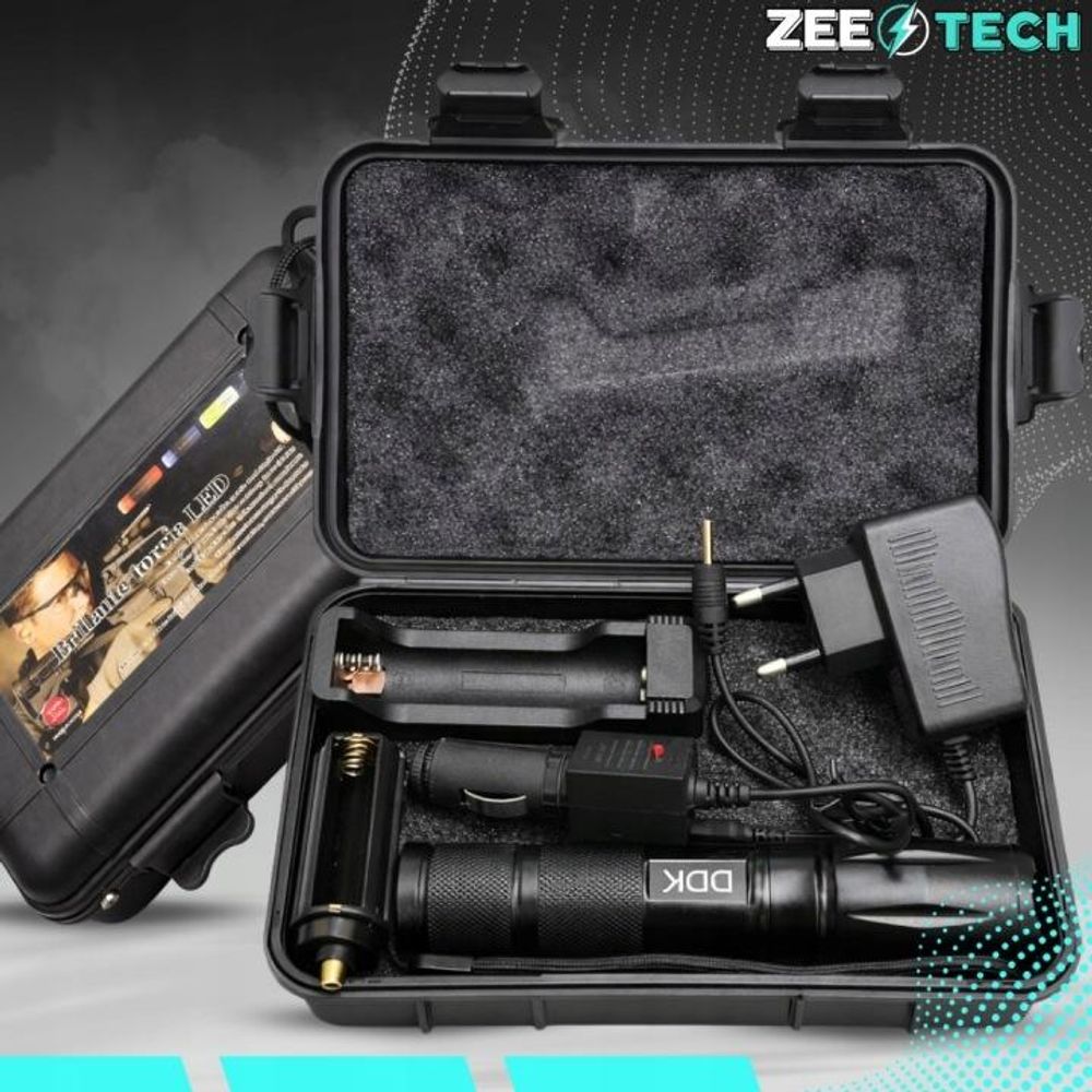 Starke Taschenlampe, Reichweite 800 m, LED mit Zoom, militärisch, wasserdicht, akkubetrieben