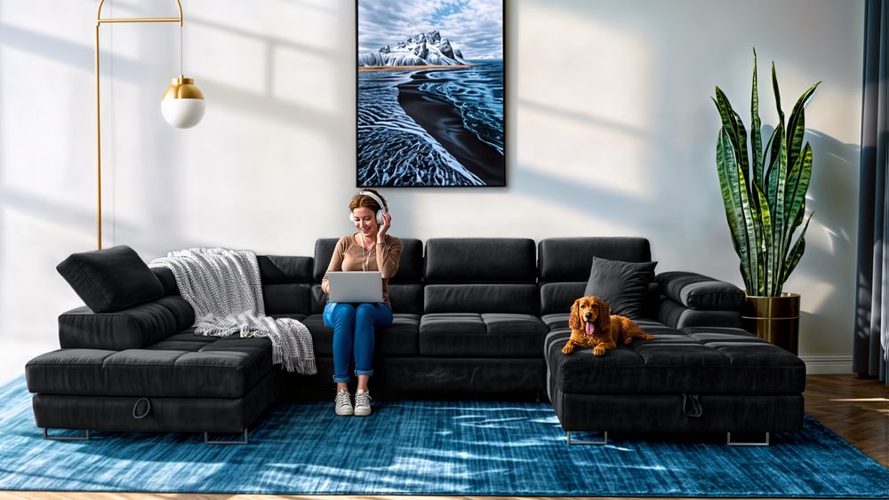 Sofiland Aller U Ecksofa Schwarz Bezug, mit verstellbaren Kopfstützen und Metallfüßen.