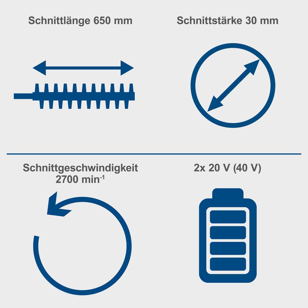 Das Bild zeigt verschiedene Keyfacts der Heckenschere.